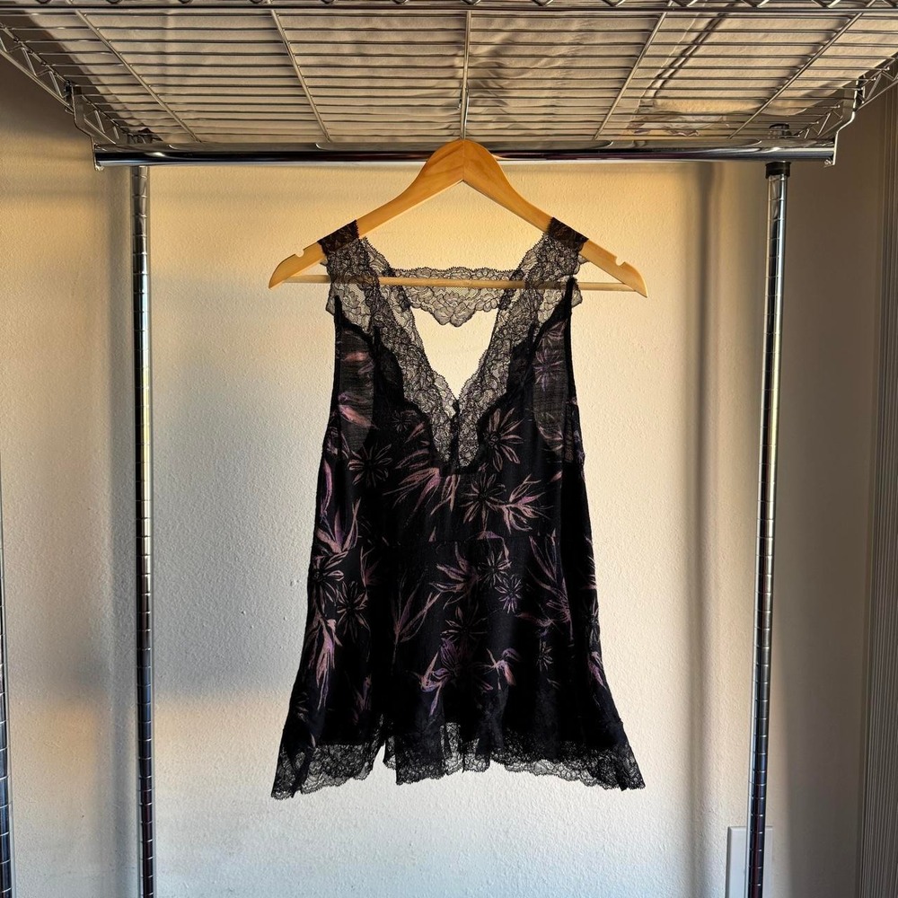 Intimately Free People Floral Lace Trim Racerback Cami Top Black Purple XS